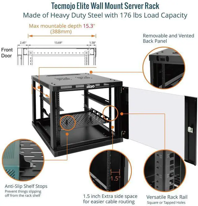 Alt view image 4 of 5 - Tecmojo 9U Wall Mount Rack,9U Rack 17.7 Inch Depth,Hold Up to 176 Lbs,Enclosed Wall Mount Rack Kit for 19 Inch Network,Server and AV Gear,Glass Door(Elite Collection)