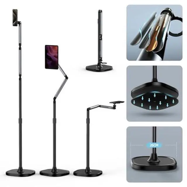 Main image of TELESINdeg Magnetic Phone Tablet Floor Stand, Aluminum Alloy Phone Holder Stand for Video Recording, Overhead Bed/Sofa Phone Mount Height Adjustable Ultra Stable Base for Magsafe/iPhone/Android/iPad