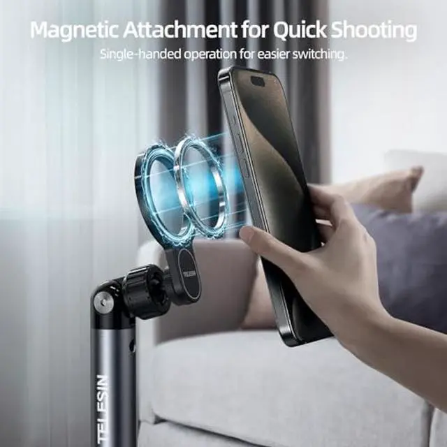 Alt view image 2 of 5 - TELESINdeg Magnetic Phone Tablet Floor Stand, Aluminum Alloy Phone Holder Stand for Video Recording, Overhead Bed/Sofa Phone Mount Height Adjustable Ultra Stable Base for Magsafe/iPhone/Android/iPad