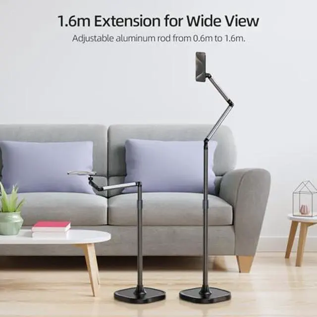Alt view image 3 of 5 - TELESINdeg Magnetic Phone Tablet Floor Stand, Aluminum Alloy Phone Holder Stand for Video Recording, Overhead Bed/Sofa Phone Mount Height Adjustable Ultra Stable Base for Magsafe/iPhone/Android/iPad