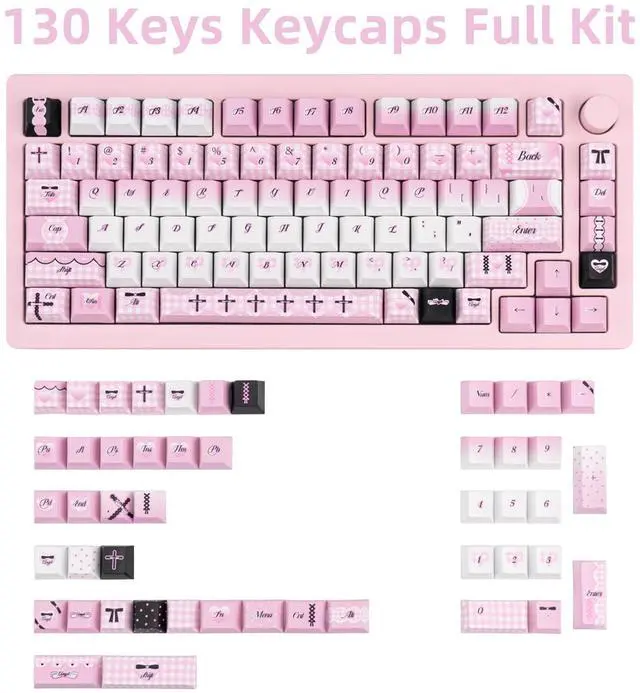 Alt view image 2 of 5 - TIMSEKER PBT Keycaps Black and Pink Keycaps Cherry Profile, 130 Keys Custom Cute Keycaps for Keyboard, Lovely Gradient Keycaps Set for 61/64/94/87/96/98/104/108 Cherry MX ANSI ISO Mechanical Keyboard