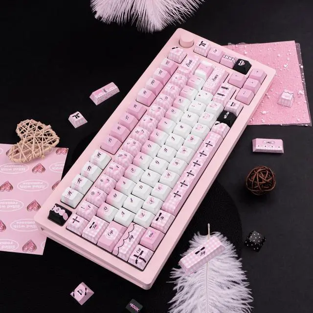 Alt view image 5 of 5 - TIMSEKER PBT Keycaps Black and Pink Keycaps Cherry Profile, 130 Keys Custom Cute Keycaps for Keyboard, Lovely Gradient Keycaps Set for 61/64/94/87/96/98/104/108 Cherry MX ANSI ISO Mechanical Keyboard