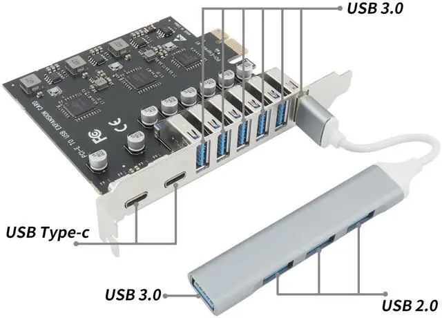 Alt view image 2 of 5 - Versatile Port Expansion Solution: PCIe to USB 3.0 Adapter with 6 Type-A and 2 Type-C Ports, with a 1 to 4-Port USB Hub for Desktop PC Support Windows