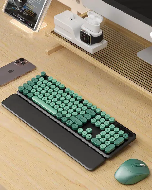 Alt view image 2 of 5 - Wireless Keyboard and Mouse Combo - Cute Typewriter Keyboard with Detachable Wrist Rest, Retro Round Keycaps, Foldable Legs, 2.4GHz Keyboards for PC Laptop, Mac, Windows - Trueque (Black and Green)