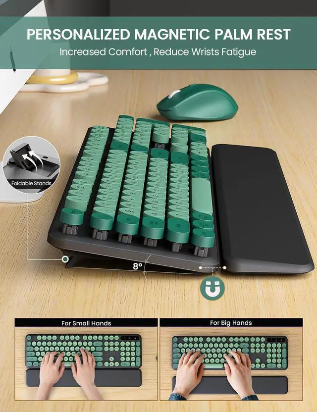 Alt view image 3 of 5 - Wireless Keyboard and Mouse Combo - Cute Typewriter Keyboard with Detachable Wrist Rest, Retro Round Keycaps, Foldable Legs, 2.4GHz Keyboards for PC Laptop, Mac, Windows - Trueque (Black and Green)