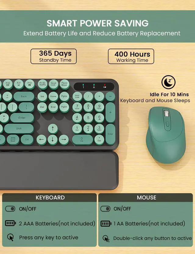 Alt view image 5 of 5 - Wireless Keyboard and Mouse Combo - Cute Typewriter Keyboard with Detachable Wrist Rest, Retro Round Keycaps, Foldable Legs, 2.4GHz Keyboards for PC Laptop, Mac, Windows - Trueque (Black and Green)