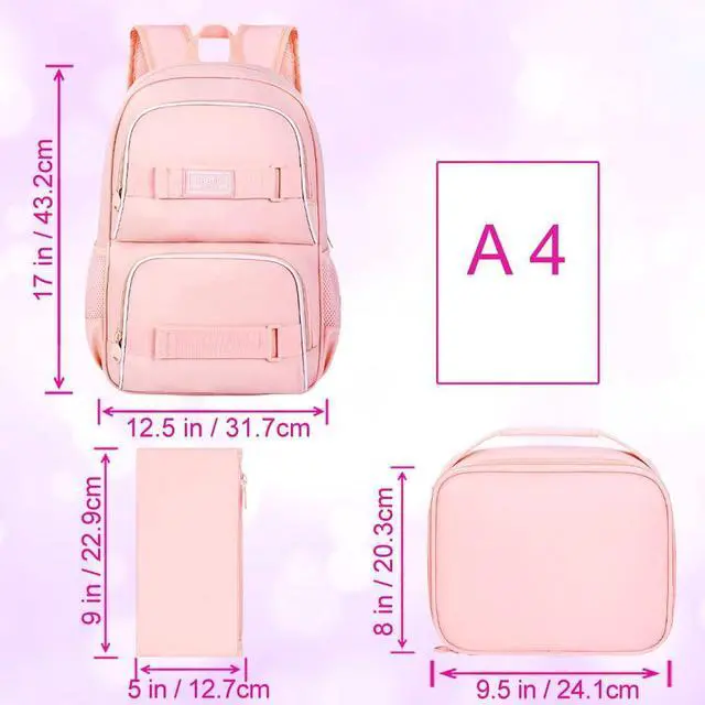 Alt view image 4 of 5 - 17 Inches Girls Backpack, 3Pcs School Bookbag Set for Teens College Students, Laptop Backpacks with Lunch Box (Pink)