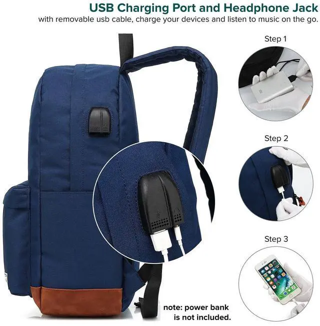 Alt view image 2 of 5 - UNIWALK College Backpack, Water-resistent Laptop Backpack with USB Charging Port & Headphone Adapter for Men & Women Slim Anti-Theft Travel Bookbags Fits up to 14'' Computer 15'' Macbook - Blue
