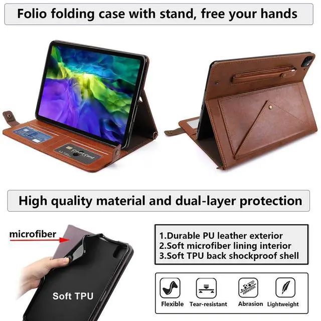Alt view image 4 of 5 - Crossbody Handbag Case for iPad Pro 13 inch M4 2024, UUcovers Slim PU Leather Magnetic Stand Wallet with Pencil Holder [Shoulder Strap/Hand Strap] Document Carrying Folio Sleeve Bag Cover, Coffee