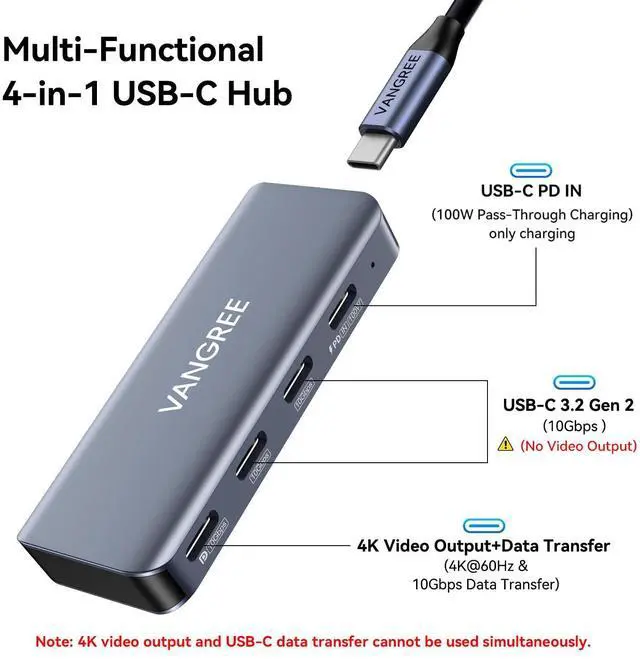 Alt view image 2 of 5 - 4-Port USB C Hub with Detachable Cable, 3 USB-C 3.2 10Gbps Ports, 4K@60Hz USB C DP Alt Mode, 100W PD, USB C Splitter Multiport Adapter for MacBook Pro, iPad, iPhone 15, USB-C Monitor, AR Glasses, etc