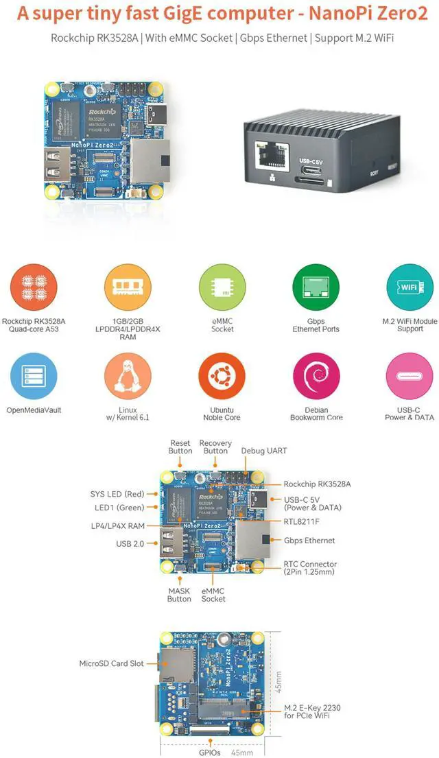 Alt view image 5 of 5 - NanoPi Zero2 Mini WiFi Router, Portable Fast GigE Computer, 1GB/2GB LPDDR4X RAM Rockchip RK3528A SoC, 4K H265/H264 Decoder, Gigabit Ethernet Port for IoT Smart Gateway (1GB with M.2 WiFi Module)
