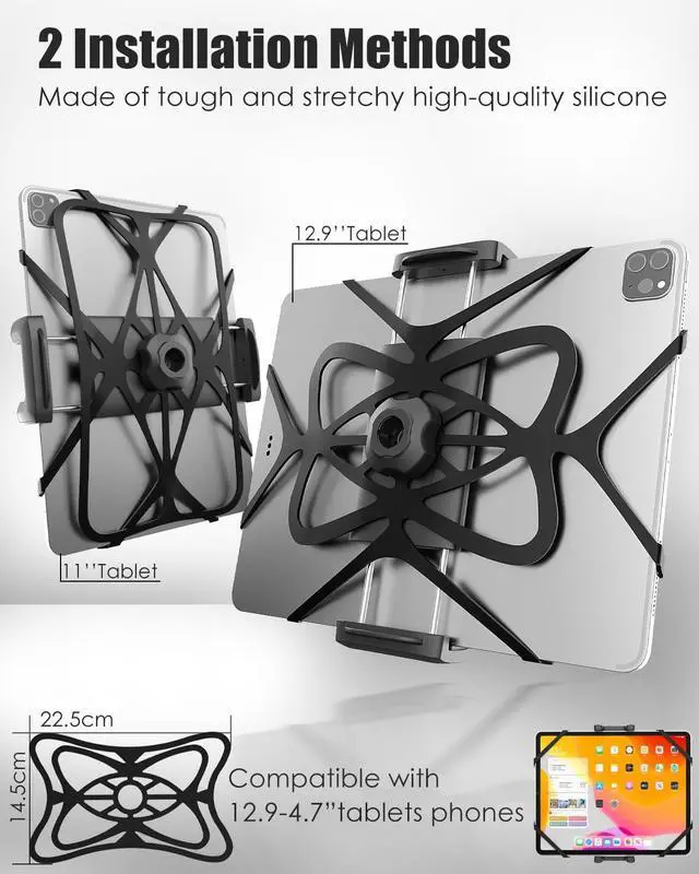 Alt view image 2 of 5 - Wukanleng Bike Tablet Phone Holder with Silicone Security Band, Metal Arm 360deg Rotation Tablet Handlebar Mount for Stationary Bicycle, Treadmill Fits iPad Pro/Air/Mini, Smartphones, 4-13'' Devices