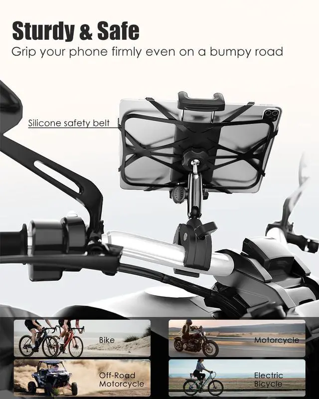 Alt view image 3 of 5 - Wukanleng Bike Tablet Phone Holder with Silicone Security Band, Metal Arm 360deg Rotation Tablet Handlebar Mount for Stationary Bicycle, Treadmill Fits iPad Pro/Air/Mini, Smartphones, 4-13'' Devices