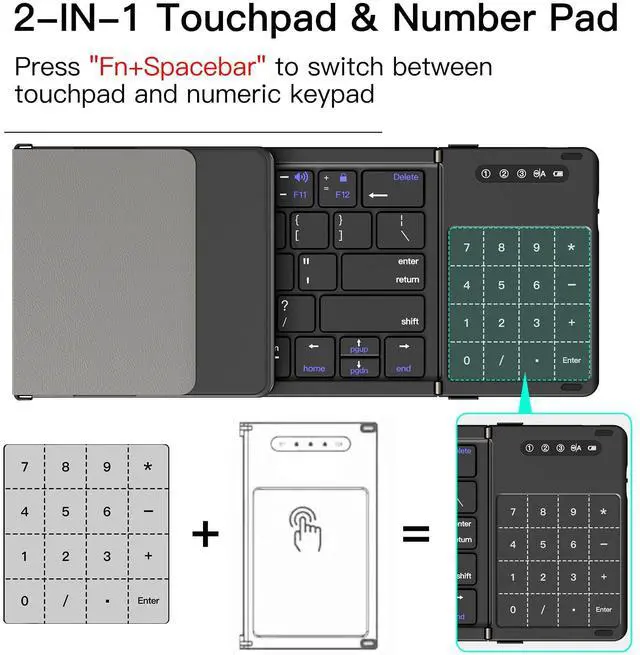 Alt view image 4 of 5 - XIWMIX 2-in-1 Foldable Bluetooth Keyboard with Touchpad & Number Pad, Multi-Device Folding Wireless Rechargeable Portable Travel Keyboard for iPad,Laptop,PC,Compatible with Windows,iOS,Android,MacOS