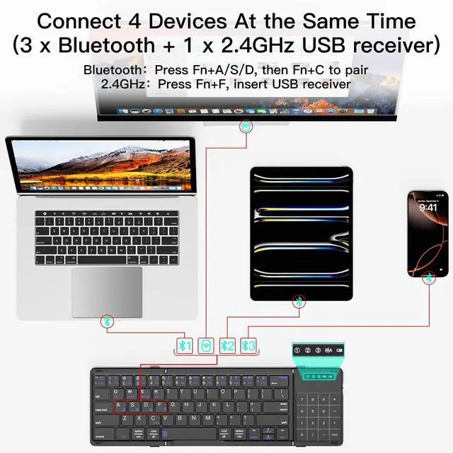 Alt view image 2 of 5 - XIWMIX 2-in-1 Foldable Bluetooth Keyboard with Touchpad & Number Pad, Multi-Device Folding Wireless Rechargeable Portable Travel Keyboard for iPad,Laptop,PC,Compatible with Windows,iOS,Android,MacOS