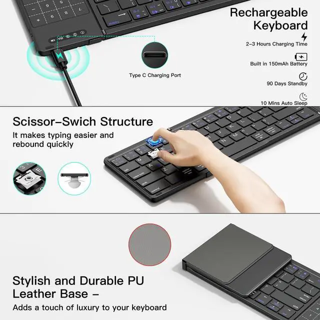 Alt view image 5 of 5 - XIWMIX 2-in-1 Foldable Bluetooth Keyboard with Touchpad & Number Pad, Multi-Device Folding Wireless Rechargeable Portable Travel Keyboard for iPad,Laptop,PC,Compatible with Windows,iOS,Android,MacOS