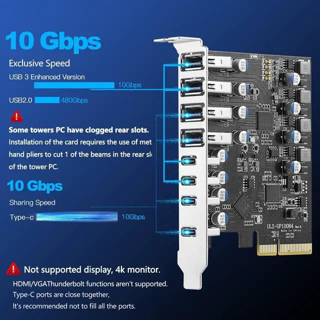 Alt view image 2 of 5 - 8 Ports USB PCIe Card PCIe USB 3.2/3.1 Gen 2 Card (4X USBC - 4X Type A),10Gbps Bandwidth PC Internal hub for Windows Linux Mac (Silver)