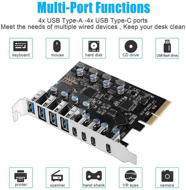 Alt view image 3 of 5 - 8 Ports USB PCIe Card PCIe USB 3.2/3.1 Gen 2 Card (4X USBC - 4X Type A),10Gbps Bandwidth PC Internal hub for Windows Linux Mac (Silver)
