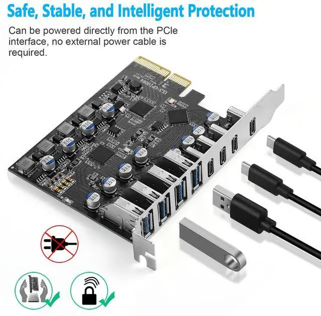Alt view image 5 of 5 - 8 Ports USB PCIe Card PCIe USB 3.2/3.1 Gen 2 Card (4X USBC - 4X Type A),10Gbps Bandwidth PC Internal hub for Windows Linux Mac (Silver)
