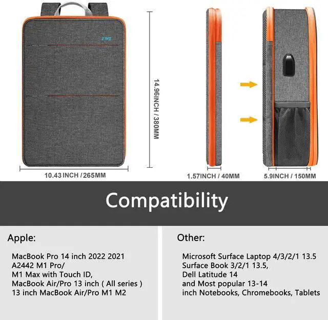 Alt view image 2 of 5 - ZINZ Slim & Expandable Laptop Backpack Water Resistant Travel Backpack Compatible with MacBook Air/Pro 13-14 inch XPS 13 Surface 13.5" and Most 13-14 inch NoteBooks,G01OG01