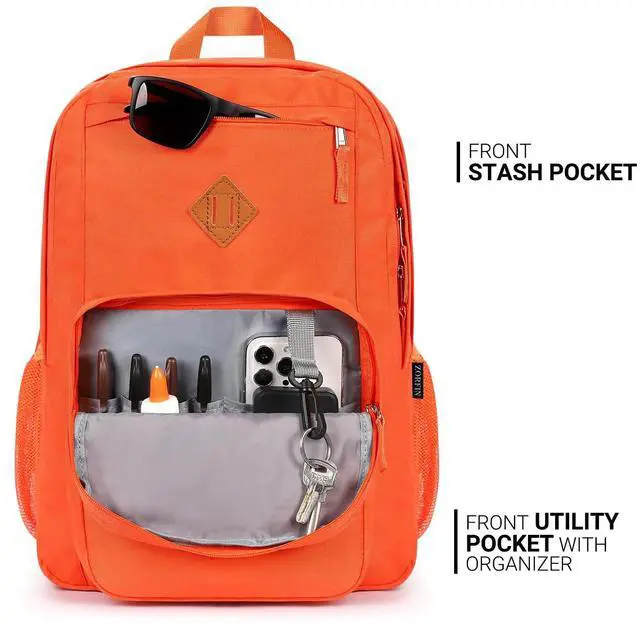 Alt view image 5 of 5 - ZORFIN 26L Backpack for School, College, and Travel: Water Resistant Bookbag with 8 Compartments - Tangerine