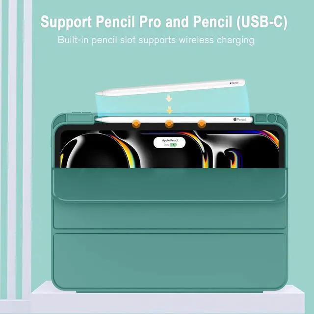 Alt view image 2 of 5 - ZryXal New iPad Pro 13 Inch Case M4 (2024 Model, 7th Generation) with Pencil Holder, Smart iPad Case [Support Pencil Pro and Pencil (USB-C)], Support Touch ID and Auto Wake/Sleep (Forest Green)