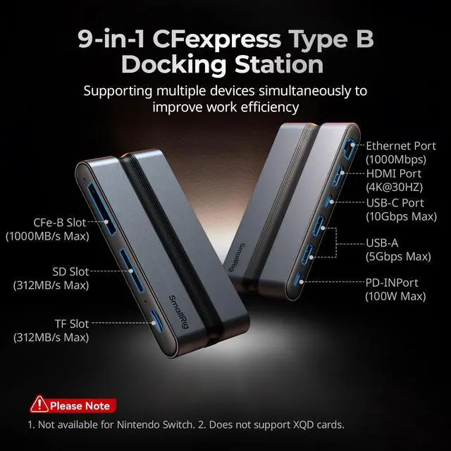 Alt view image 2 of 5 - SMALLRIG 9 in 1 CFexpress Type B Card Reader Docking Station with USB3.2 (Gen 2) 10Gbps, SD/TF/CFexpress Type B Readers, USB-A/USB-C/HDMI/Gigabit Ethernet Ports, for iPhone for Mac - 4662