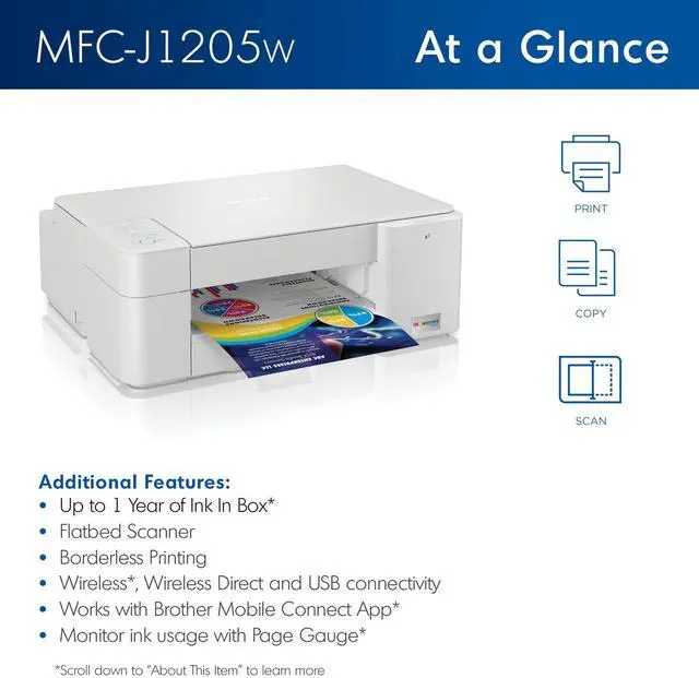 Alt view image 3 of 5 - Brother MFC-J1205W INKvestment -Tank Wireless Multi-Function Color Inkjet Printer with Up to 1-Year in Box, Works with Alexa