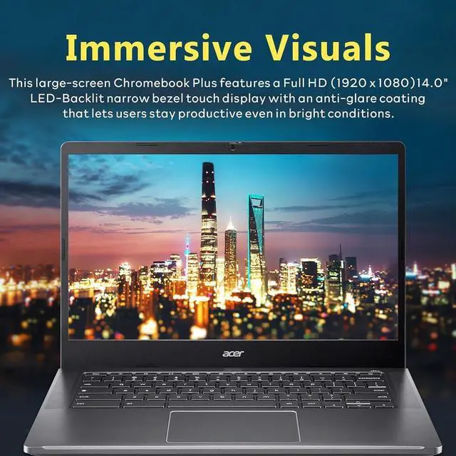 Alt view image 4 of 5 - Acer Chromebook Plus 514 Touchscreen Laptop (14" FHD, Intel 8-Core i3-N305, 8GB RAM, 512GB SSD, 2TB Cloud Storage) Business, Enterprise, Students, 11-Hr Long Battery Life, Webcam, Chrome OS, Gray