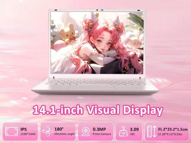 Alt view image 3 of 5 - 14.1'' Pink Laptop with Fingerprint Reader, Backlit Keyboard, 2K Display Screen, Intel Celeron N5105 Quad Core High-Performance, Up to 2.9GHz, Suitable for Office, Study, and Multimedia (8GB | 512GB)