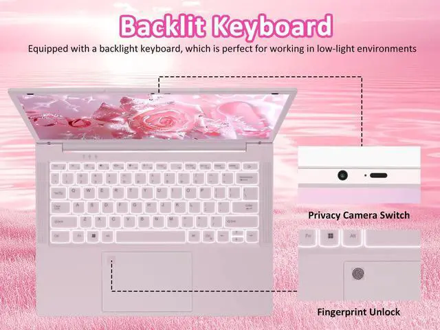 Alt view image 4 of 5 - 14.1'' Pink Laptop with Fingerprint Reader, Backlit Keyboard, 2K Display Screen, Intel Celeron N5105 Quad Core High-Performance, Up to 2.9GHz, Suitable for Office, Study, and Multimedia (8GB | 512GB)