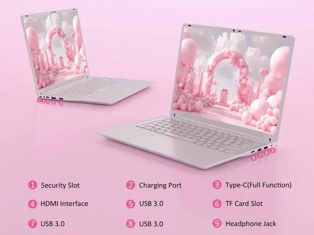 Alt view image 5 of 5 - 14.1'' Pink Laptop with Fingerprint Reader, Backlit Keyboard, 2K Display Screen, Intel Celeron N5105 Quad Core High-Performance, Up to 2.9GHz, Suitable for Office, Study, and Multimedia (8GB | 512GB)