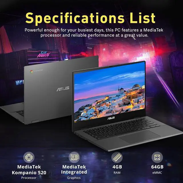 Alt view image 4 of 5 - ASUS Chromebook Laptop 14inch FHD IPS Display - 8Core MediaTek Kompanio 520 - Google Chromebook School Student - Long Battery Life - WiFi 6 - USB C - Ultralight - 2024 (4GB RAM | 96GB Storage)