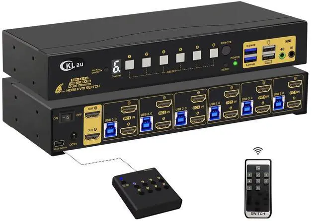 Main image of CKLau 6 Port Rack Mount HDMI KVM Switch Dual Monitor 4K60Hz with Audio, 2 pcs USB 3.0 Hub, and Cables for 6 Computers 2 Monitors Supports IR Wireless, Hotkey, Manual, Wired Remote Switching