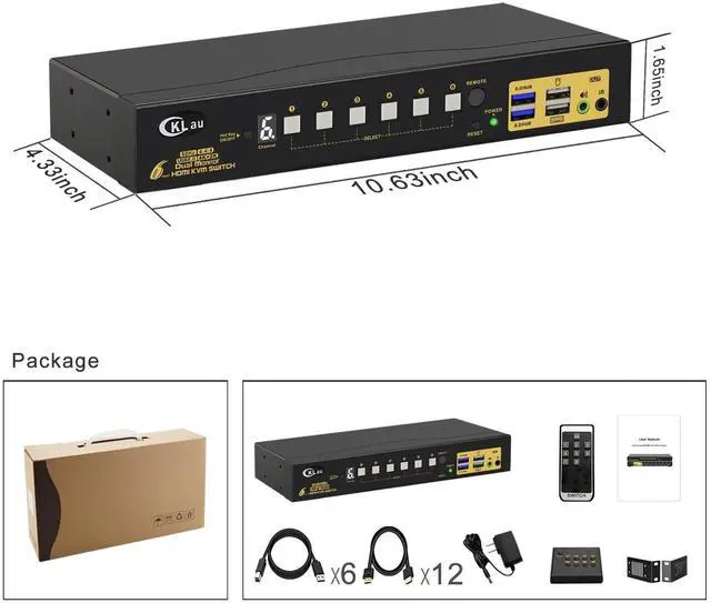 Alt view image 5 of 5 - CKLau 6 Port Rack Mount HDMI KVM Switch Dual Monitor 4K60Hz with Audio, 2 pcs USB 3.0 Hub, and Cables for 6 Computers 2 Monitors Supports IR Wireless, Hotkey, Manual, Wired Remote Switching