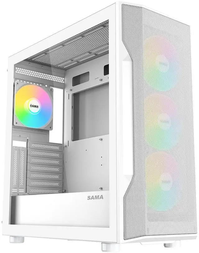 Main image of SAMA S40 Mid Tower Case - High Airflow, 4X 120mm ARGB PWM Fans, Tempered Glass, Mesh Front, Type-C, Supports ATX/M-ATX/ITX & 4090 GPUs - White Computer Case