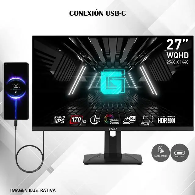 Alt view image 2 of 5 - MSI G274QPF, 27" Gaming Monitor * 2560 x 1440 (2K WQHD) * Rapid IPS * 1ms * 170Hz * G-Sync Compatible * HDR 400 * USB-C * HDMI * Displayport * Tilt * Swivel * Height Adjustable * Pivot