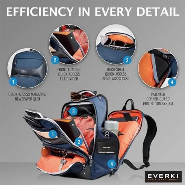 Alt view image 5 of 5 - EVERKI Onyx Premium Business Executive Laptop Backpack - Ballistic Nylon and Leather Office Backpack Laptop Bag, Travel Friendly - Dedicated Compartment up to 17.3", 36L Capacity (EKP132S17N) Navy