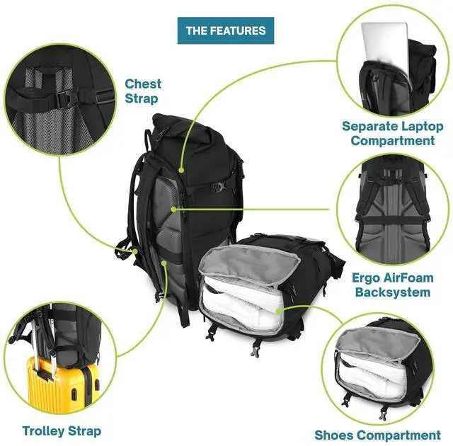 Alt view image 5 of 5 - torch Travel Laptop Backpack 35L  TSA Friendly Flight Approved Bag for Men & Women, Carry-On Expandable Hiking Backpack with Rain Cover, Shoe Compartment  Fits 15-Inch Laptop  Dinam(Black)