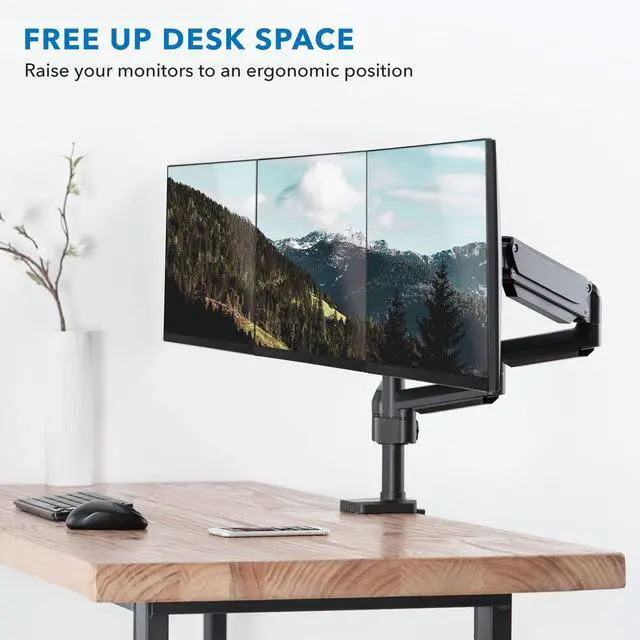 Alt view image 3 of 5 - Mount-It! Triple Monitor Mount for Computer Screens Up to 27 Inch, Triple Monitor Stand with Gas Spring Arms, Holds 15.4 lbs Per Arm, 3 Monitor Stand Desk Mount with Tilt, Swivel, VESA 75x75,100x100mm