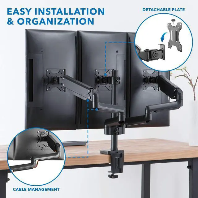 Alt view image 4 of 5 - Mount-It! Triple Monitor Mount for Computer Screens Up to 27 Inch, Triple Monitor Stand with Gas Spring Arms, Holds 15.4 lbs Per Arm, 3 Monitor Stand Desk Mount with Tilt, Swivel, VESA 75x75,100x100mm
