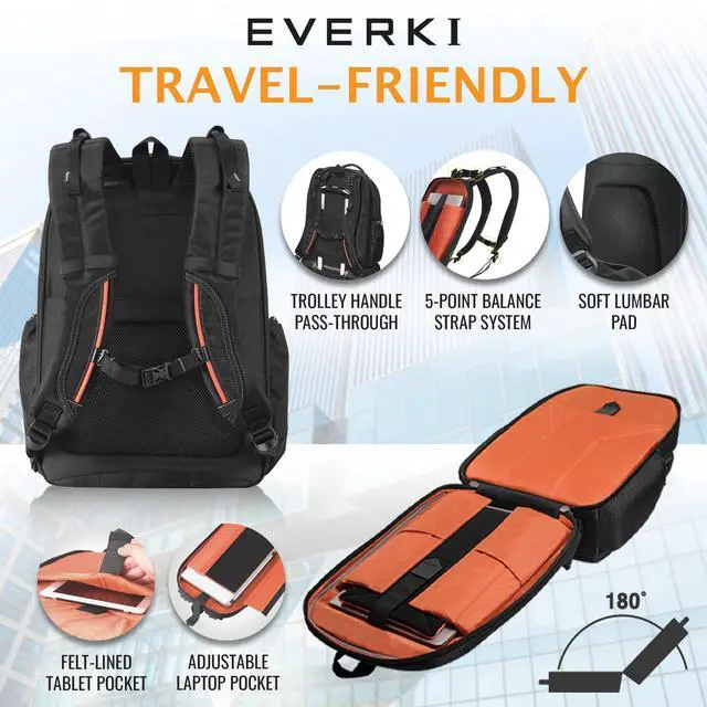 Alt view image 5 of 5 - Everki Atlas Business Laptop Backpack (EKP121) with Orange Accessory Pouch & Rain Cover - Men's Backpack with 13"-17.3" Compartment, 32L Capacity - Travel-Friendly Backpack, Pouch & Cover Bundle