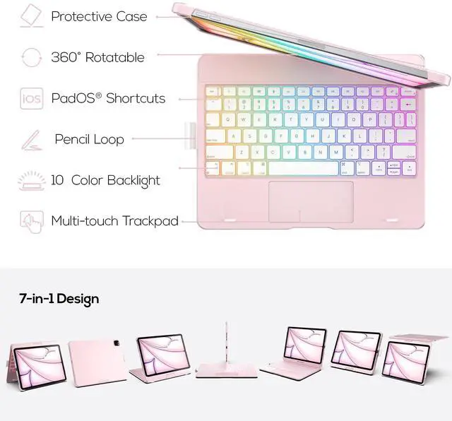 Alt view image 3 of 5 - typecase Touch Keyboard Case for iPad Air 11-inch (M3 2025 / M2 2024) & iPad Pro 11(4th/3rd/2nd/1st Gen):Multi-Touch Trackpad,11 Colors Backlight,360degRotatable for iPad Air 5th & 4th Gen,Light Pink