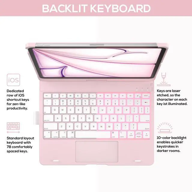 Alt view image 5 of 5 - typecase Touch Keyboard Case for iPad Air 11-inch (M3 2025 / M2 2024) & iPad Pro 11(4th/3rd/2nd/1st Gen):Multi-Touch Trackpad,11 Colors Backlight,360degRotatable for iPad Air 5th & 4th Gen,Light Pink