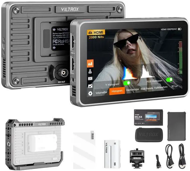 Main image of VILTROX DC-X3 Cage 6" SDI Camera Field Monitors 2000nits Super Bright Daylight Viewable External Monitor for 4k HDMI DSLR Touchscreen Monitor for Sony Canon Nikon with Sunshield 2200 MAh Battery