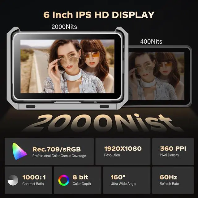 Alt view image 3 of 5 - VILTROX DC-X3 Cage 6" SDI Camera Field Monitors 2000nits Super Bright Daylight Viewable External Monitor for 4k HDMI DSLR Touchscreen Monitor for Sony Canon Nikon with Sunshield 2200 MAh Battery