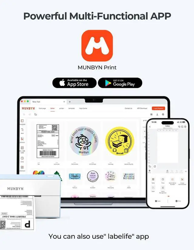 Alt view image 5 of 5 - MUNBYN Bluetooth Thermal Label Printer, 4x6 Shipping Label Printer for Shipping Packages, Compatible with iOS, Android, PC, Mac, Chrome OS, Etsy, Ebay, Shopify, , USPS and More