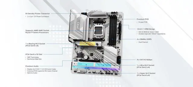 Alt view image 3 of 5 - ASRock X870 Pro RS WiFi AMD Ryzen Socket AM5 ATX Motherboard USB4 DDR5 8000 MHz 256 GB SATA3 6.0 Gb/s