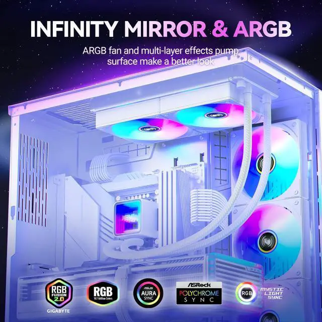 Alt view image 2 of 5 - JEYI iArcticStorm 240 Water Cooler White, Desktop ARGB AIO Liquid CPU Cooler, Intel & AMD TDP 240W, Infinity Mirror Efficient PWM-Controlled Pump, for AMD Ryzen AM5|4, Intel LGA 1851|1700 etc.