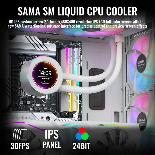 Alt view image 2 of 5 - SAMA SM360 White Adjustable Liquid Cooler LCD Display Screen with 3x120mm Addressable ARGB PWM Silent Fan 360mm AIO Radiator